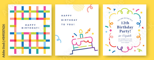 Happy Birthday banner, greeting card, invitation card, poster, cover, vector illustration with birthday cake, confetti, typography and abstract elements.

