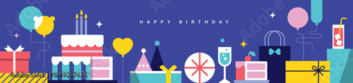 Happy Birthday banner, greeting card, invitation card, poster, cover, vector illustration with birthday cakes, drinks, presents, party hat, balloons and decorations in modern geometric style.

