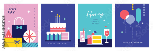 Happy Birthday banner, greeting card, invitation card, poster, cover, vector illustration with birthday cakes, drinks, presents, party hat, balloons and decorations in modern geometric style.


