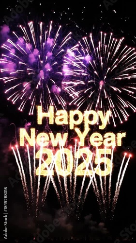 Fireworks display with happy new year 2025 text against dark night sky for celebrations
