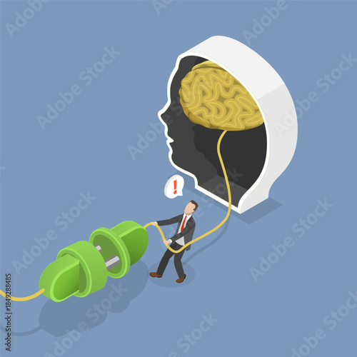 3D Isometric Flat Vector Illustration of Sabotage, Businessman Attempting Break Creativity By Unplugging Brain
