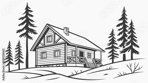 Rustic Log Cabin on Hill with Pine Trees Vector Illustration. Vintage Wood House Line Art in Nature Landscape.
