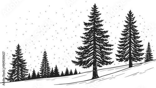 Hand-drawn winter forest scene with fir trees, snow, and falling snowflakes