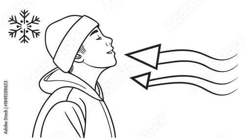Person feeling cold winter wind and air, wearing hat and jacket, with snowflake icon. Black and white line art illustration.