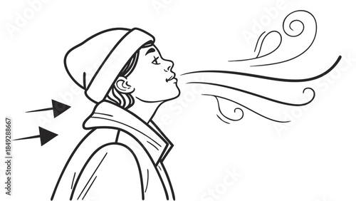 Woman exhaling warm breath on a cold day.