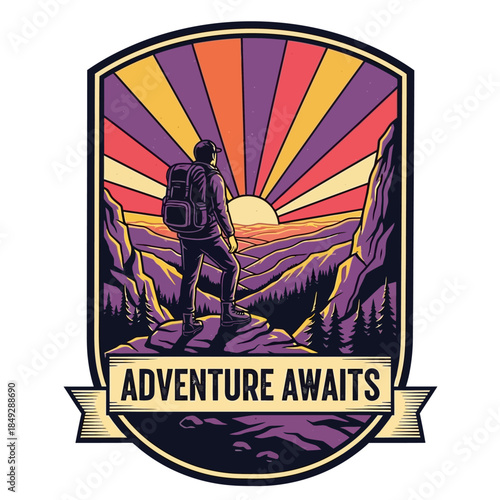 Embrace the thrill of exploration with the 'Adventure Awaits' emblem, a visual representation of discovering new horizons and experiencing the great outdoors