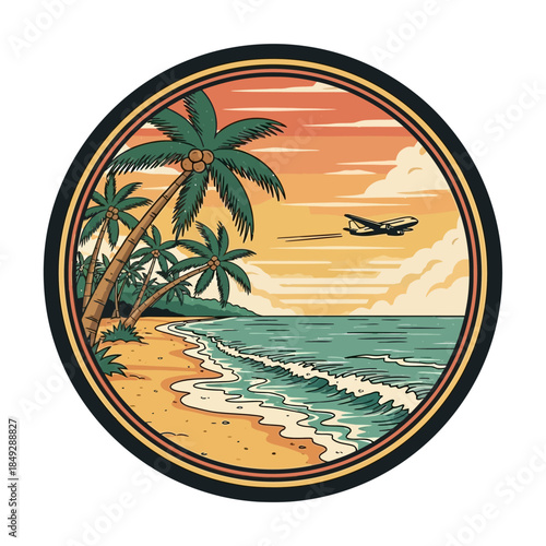 Vibrant retro style beach emblem with swaying palm trees, ocean waves, and an airplane flying gracefully under a beautiful sunset sky, evoking serene tropical vacation dreams