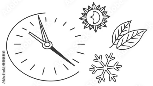 Time, Day, Seasons Cycle Outline Icons: Clock, Sun, Leaves, Snowflake