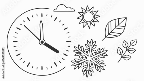 Minimalist Line Art Icons: Time, Weather, and Seasons Cycle. Clock, Sun, Cloud, Snowflake, Leaf Symbols for Nature & Planning