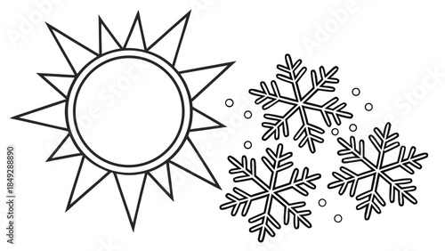 Sun and Snowflakes Outline Icons. Weather Symbols for Seasonal Contrast and Temperature.