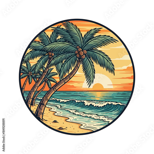 Tropical beach sunset with palm trees and ocean waves, evoking a sense of paradise and vacation
