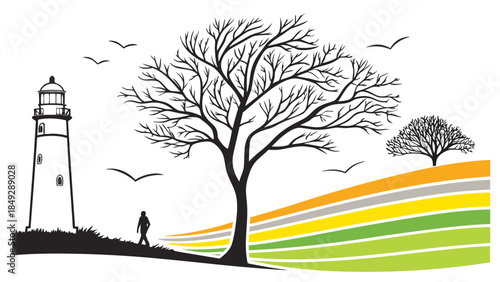 Serene landscape with lighthouse and bare trees illustration.