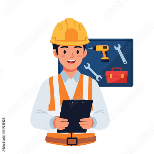 Construction Worker Holding Digital Tablet Device.