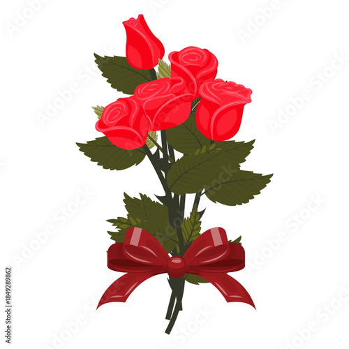 A bouquet of bright red roses with a large scarlet bow. A set of four elegant flowers and one bud. Vector illustration on a white background.
