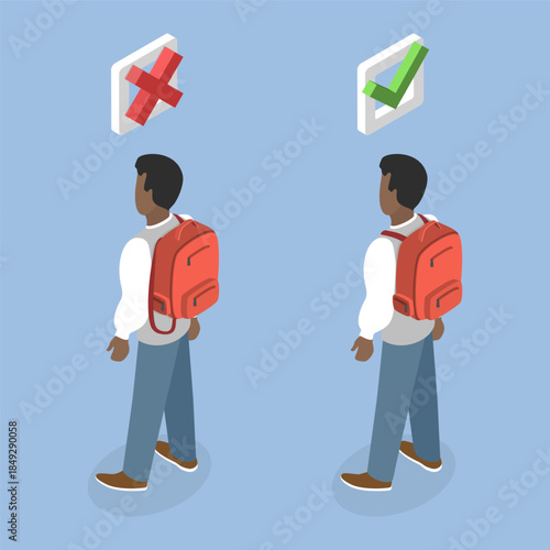 3D Isometric Flat Vector Illustration of Wearing Of Backpack, Impact Of Proper And Improper Backpack Usage On Student Spine And Posture