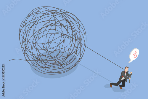 3D Isometric Flat Vector Illustration of Unraveling A Mess, Businessman Untangling Rope