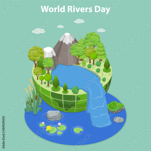 3D Isometric Flat Vector Illustration of River Day, Landscape With Mountain Views And Surrounding Greenery