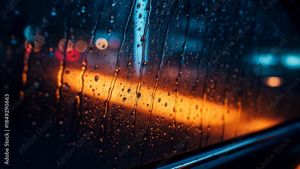 Fototapeta premium Raindrops on the window capturing the glow of city lights at night