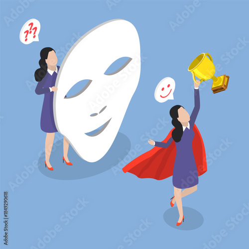 3D Isometric Flat Vector Illustration of Imposter Syndrome, Feelings Of Inadequacy And Self-Doubt In Ones Abilities