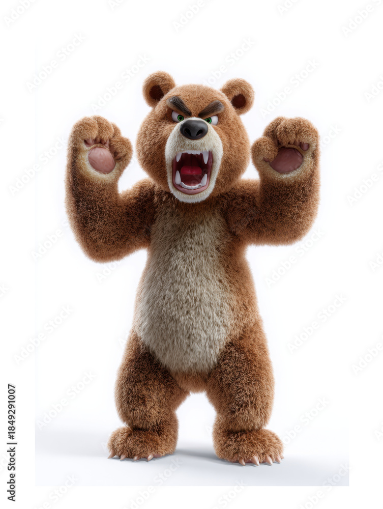 Fototapeta premium Fierce roaring cartoon bear standing with claws out