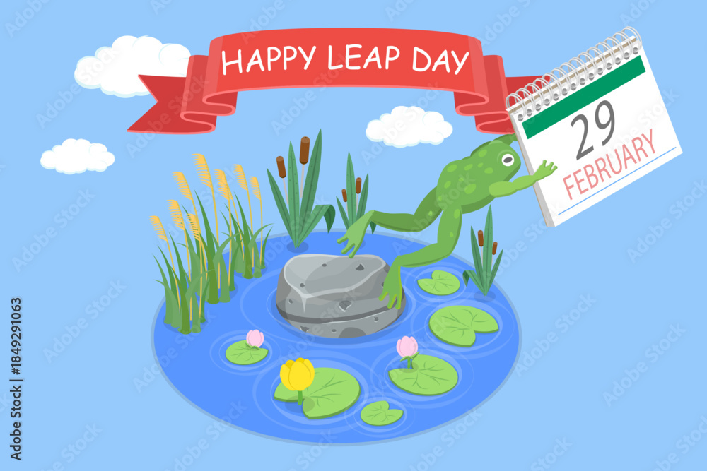 Naklejka premium 3D Isometric Flat Vector Illustration of Happy Leap Day, Celebration With Jumping Frog