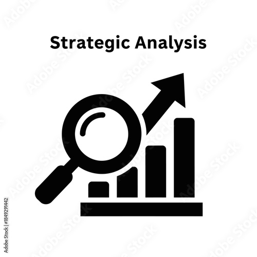 Magnifying Glass Examining Bar Graph with Arrow.