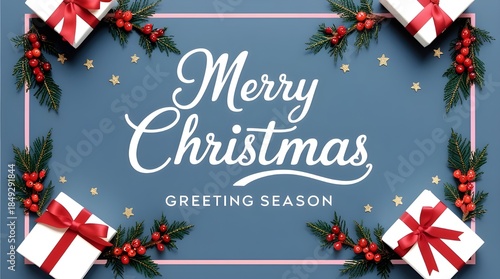 Merry Christmas Greeting Season With Gifts and Festive Wreaths on Blue Background