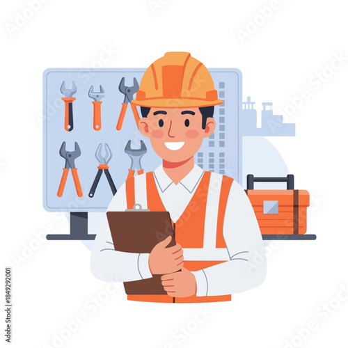 Construction Worker Holding Tablet Computer.