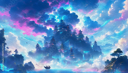 Fantasy landscape with a glowing island, dramatic sky, and small boat on calm water, evoking wonder and escape.