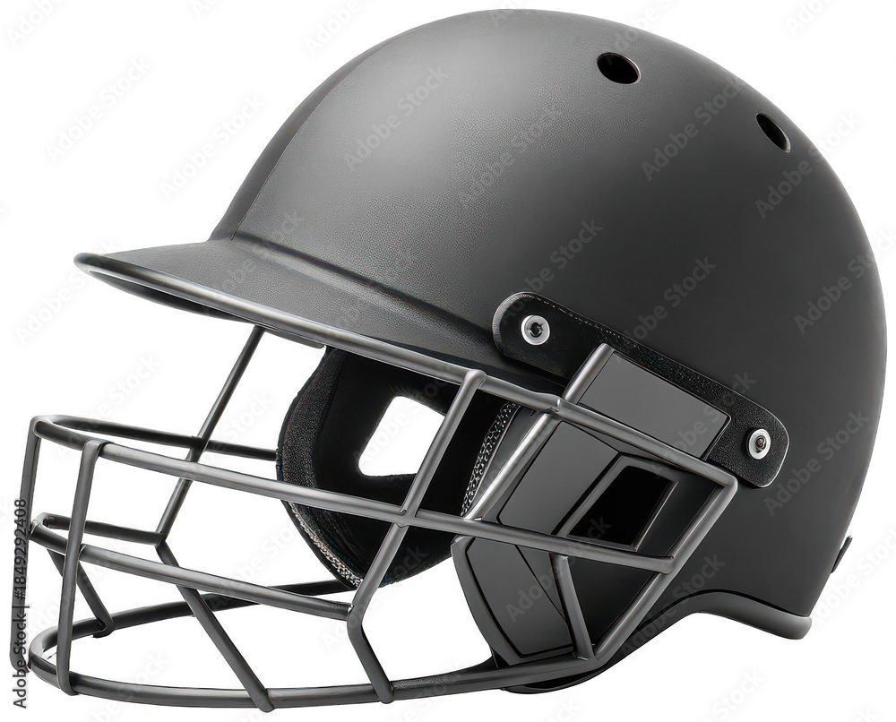 Fototapeta premium A dark gray, textured baseball batting helmet made of durable polymer and metal with a protective face cage and visor, showcased from a side profile against a , isolated on transparent background.
