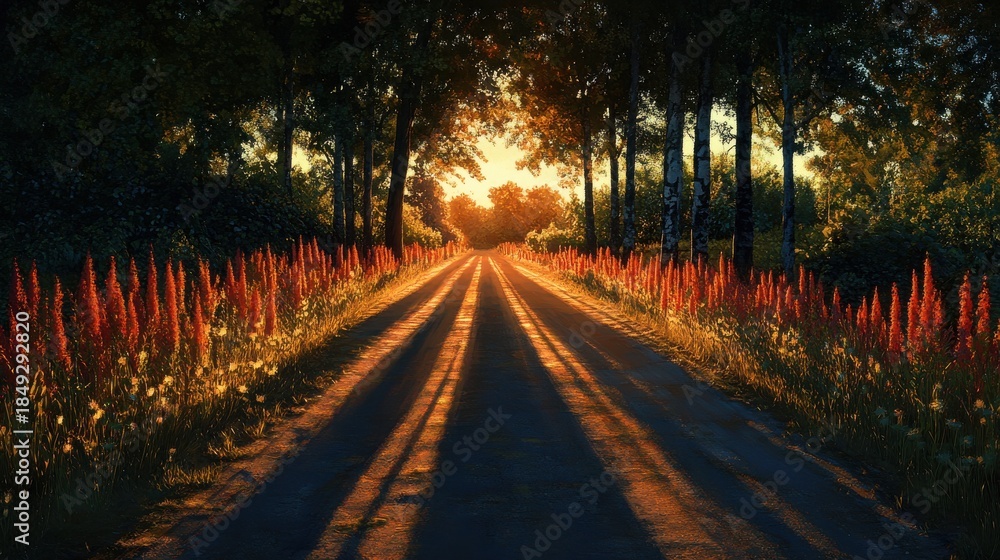 Obraz premium Roadside shadows growing longer at sunset 