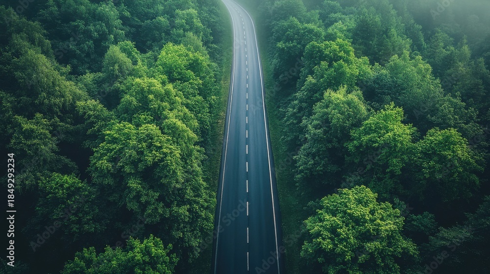 Fototapeta premium View of road from above, green slopes on each side 
