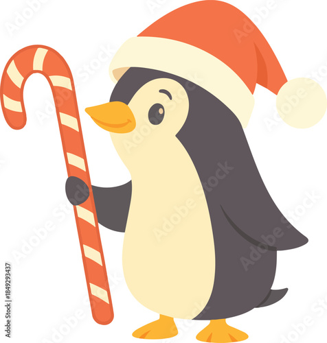  Festive Penguin with Santa Hat and Candy Cane. Cute Holiday Illustration