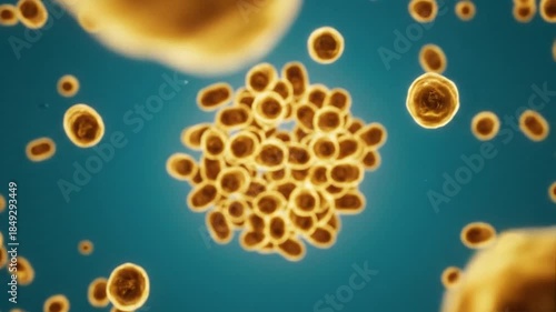 Abstract illustration of microscopic cells with organic shapes in yellow and teal background