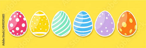 Six illustrated Easter egg icons with various patterns in a horizontal line on yellow backdrop.