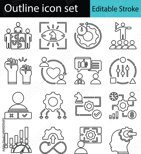 Collection of 16 black and white icons representing various business and technology concepts