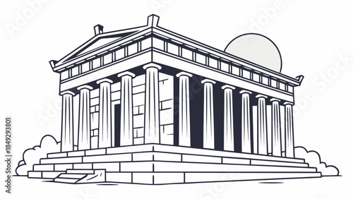 Classical Greek Temple Illustration. Ancient Architectural Landmark. Historic Building Line Art.