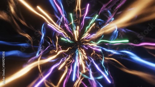 Abstract illustration of neon light streams in multiple colors against a dark background creative energy concept