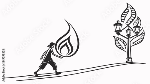 Person carrying a flame towards a tree-shaped street lamp, black and white illustration of journey and light.
