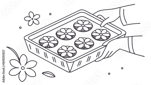 Hands holding baking tray with decorative floral cookies, line art illustration