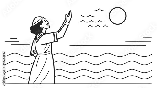 Hopeful figure in water reaching for sun, minimalist line art illustration symbolizing spirituality and nature connection