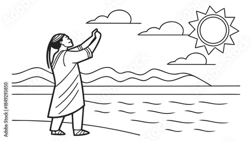Person taking photo of scenic nature view with sun, water, and mountains. Outdoor photography line art illustration.