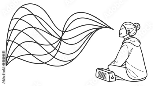 Woman enjoying music from a portable speaker, with abstract sound waves emanating. Digital audio experience illustration.