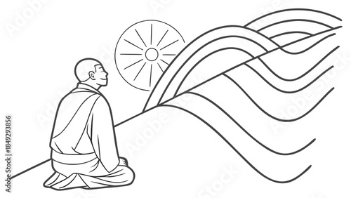 Meditating Monk with Dharma Wheel and Flowing Spiritual Energy Lines - Mindfulness & Enlightenment Illustration