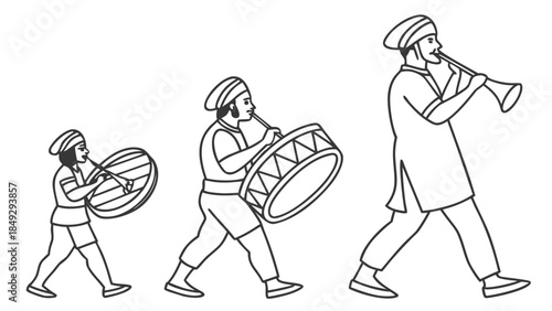 Folk Musicians with Drums and Horn in Traditional Attire Line Art