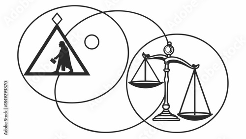 Symbolic Justice and Ethics: Balance Scales with Human Figure in Abstract Geometric Design