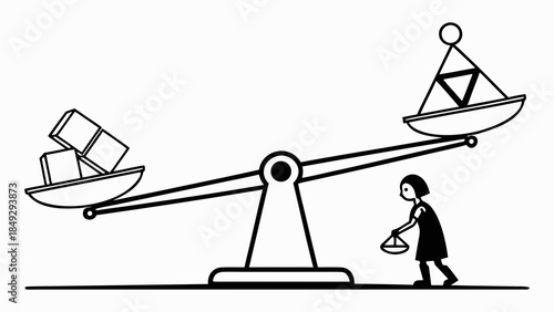 Child balancing a scale with heavy blocks and light geometric shapes, symbolizing effort and problem-solving.