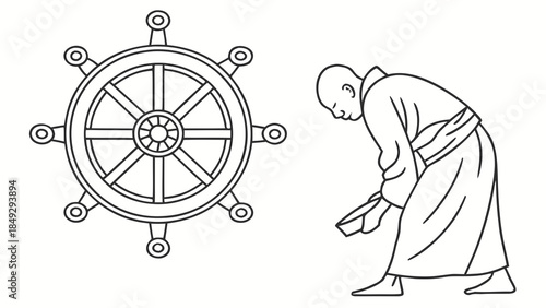 Buddhist Monk and Dharma Wheel Line Art. Spiritual Symbols of Buddhism, Meditation, and Tradition. Minimalist Black & White Vector Illustration.