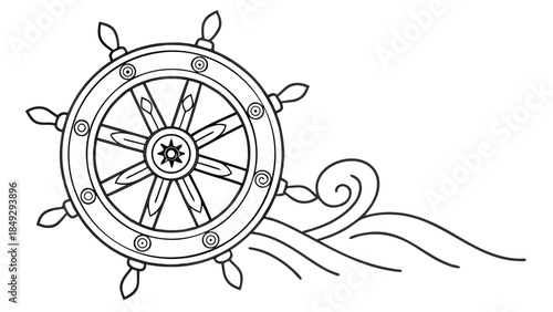 Black and white illustration of a ship's wheel with flowing lines.