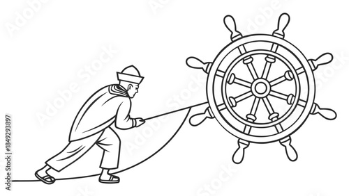 Determined Sailor Pulling Ship's Wheel with Rope - Control, Leadership & Navigation Concept Vector
